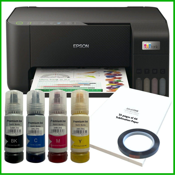 Sublimation Bundle: Epson EcoTank ET-2810 Printer + 4 x Inks + A4 Paper