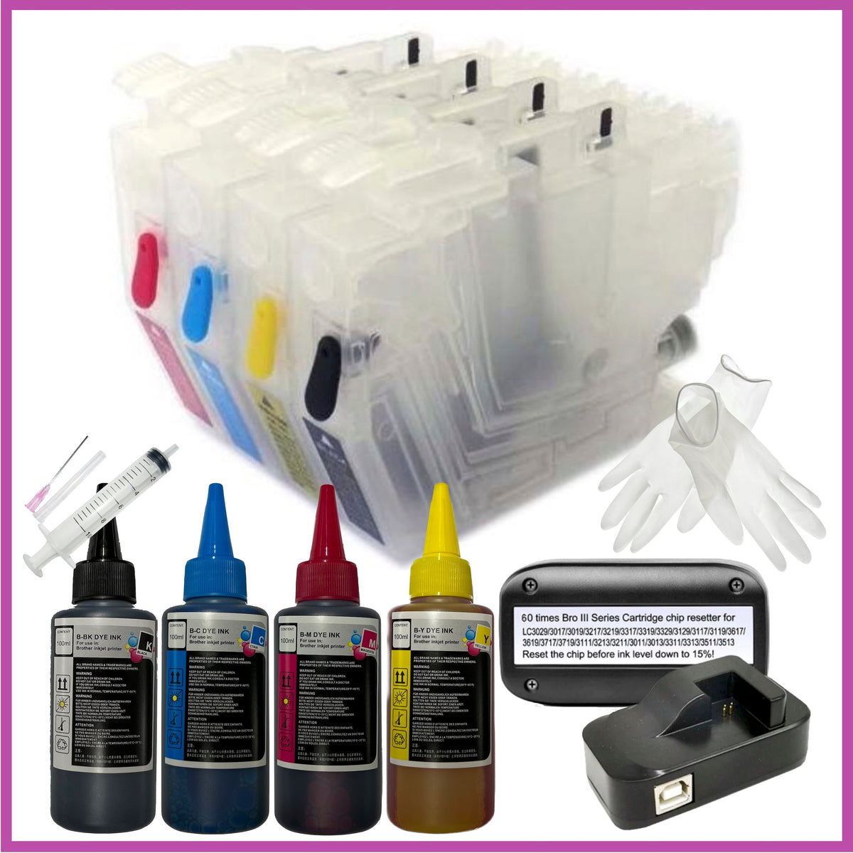 Refill Starter Kit - 3213XL Cartridges with Resetter & Ink for Brother ...